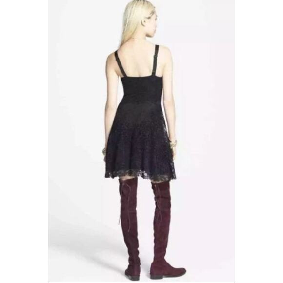 NWT Free People Black Lace Flocked Navy Blue Velvet Mini Dress Size Medium - Picture 3 of 9